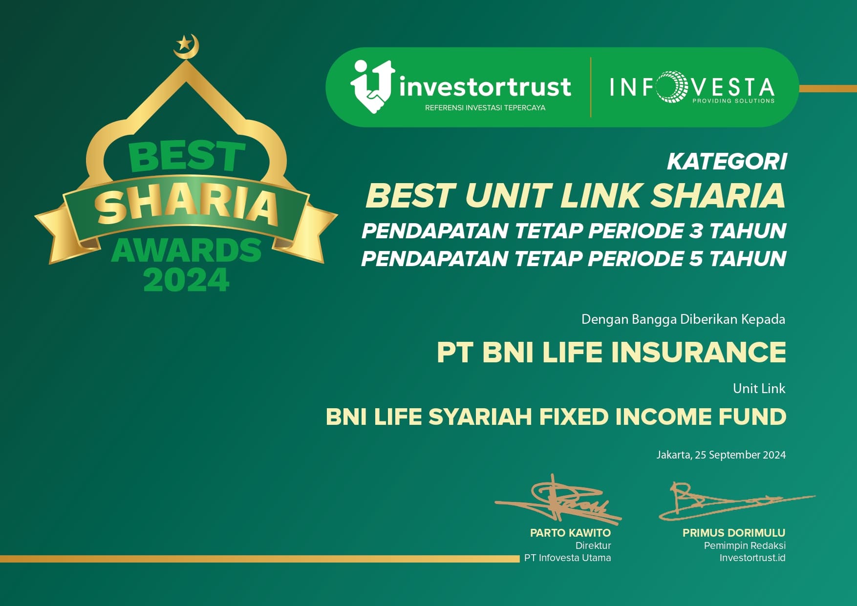 Best Sharia Awards 2024 - BNI Life Syariah Fixed Income Fund